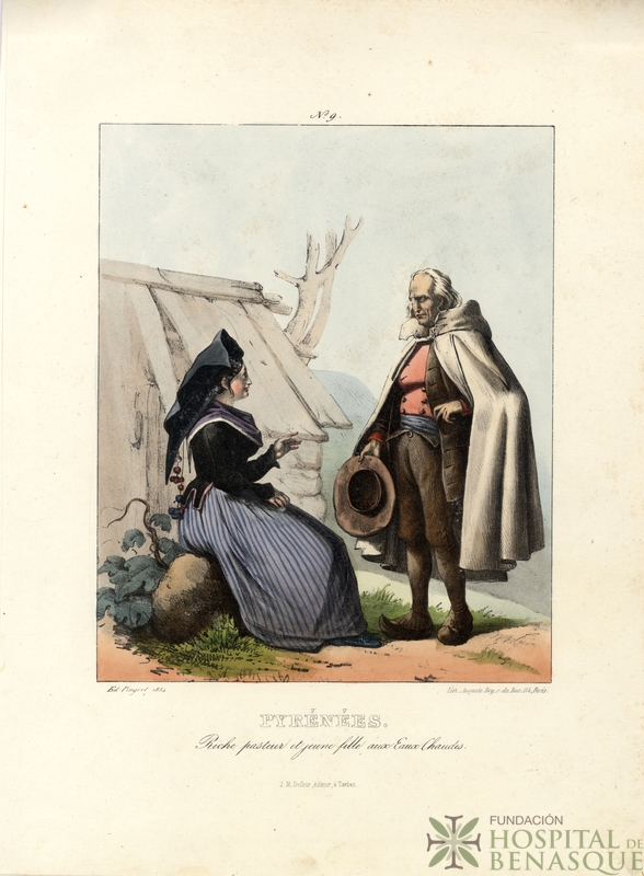 "Nº 9. Pyrénées. Riche pasteur et jeune fille aux Eaux-Chaudes. Ed. Pingret, 1834. J. M. Duford, èditeur à Tarbes. Lith. Auguste Bry, r. du Bac, 114, Paris."