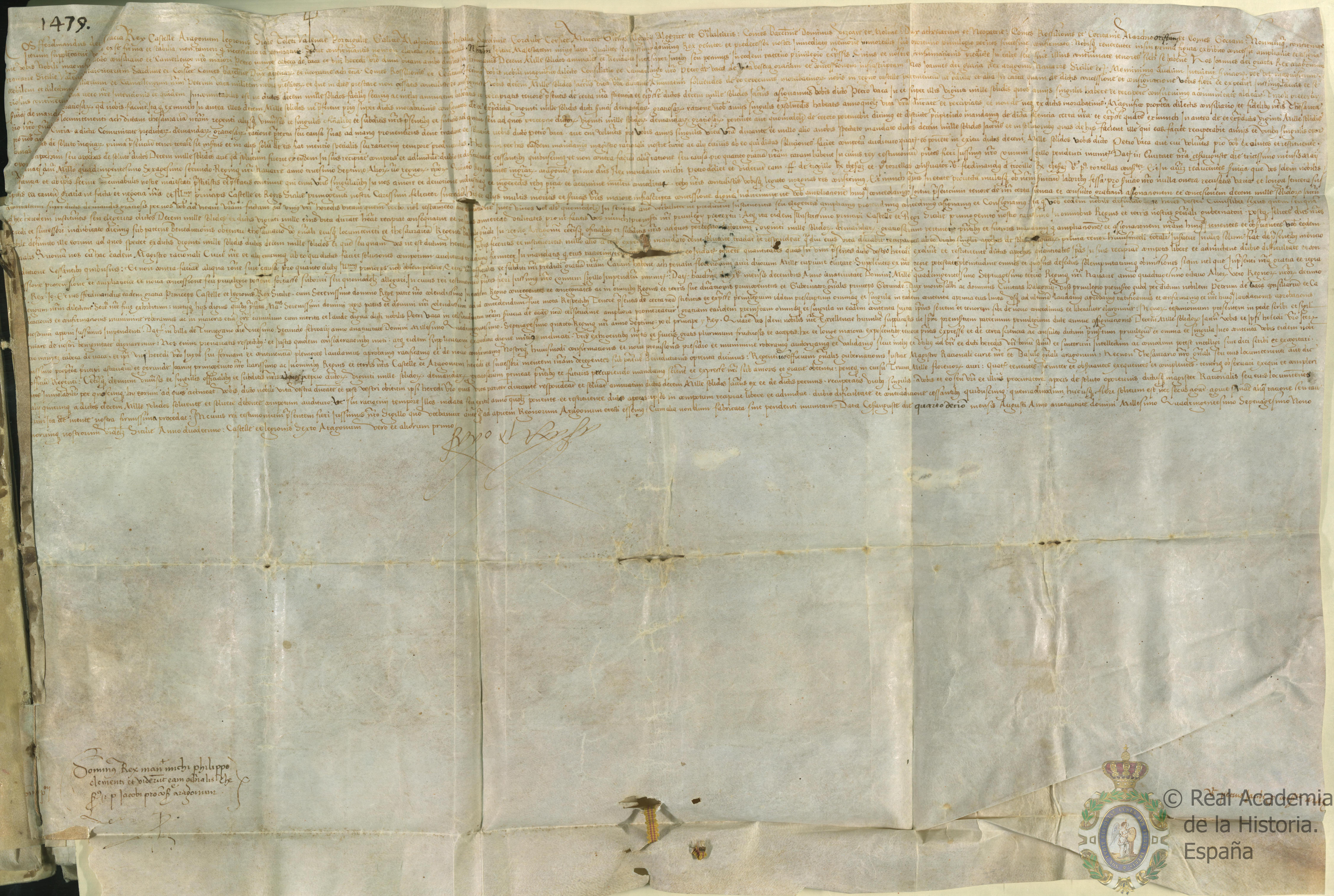 Fernando, rey de Castilla y Aragón, confirma a Pedro Núñez Cabeza de Vaca, su consejero y camarlengo mayor, el privilegio que le faculta para percibir una renta anual de 10.000 sueldos jaqueses, sobre los 20.000 sueldos que libra todos los años la Comunidad de Aldeas de Teruel al tesoro real, por el tiempo de su vida y la de su heredero