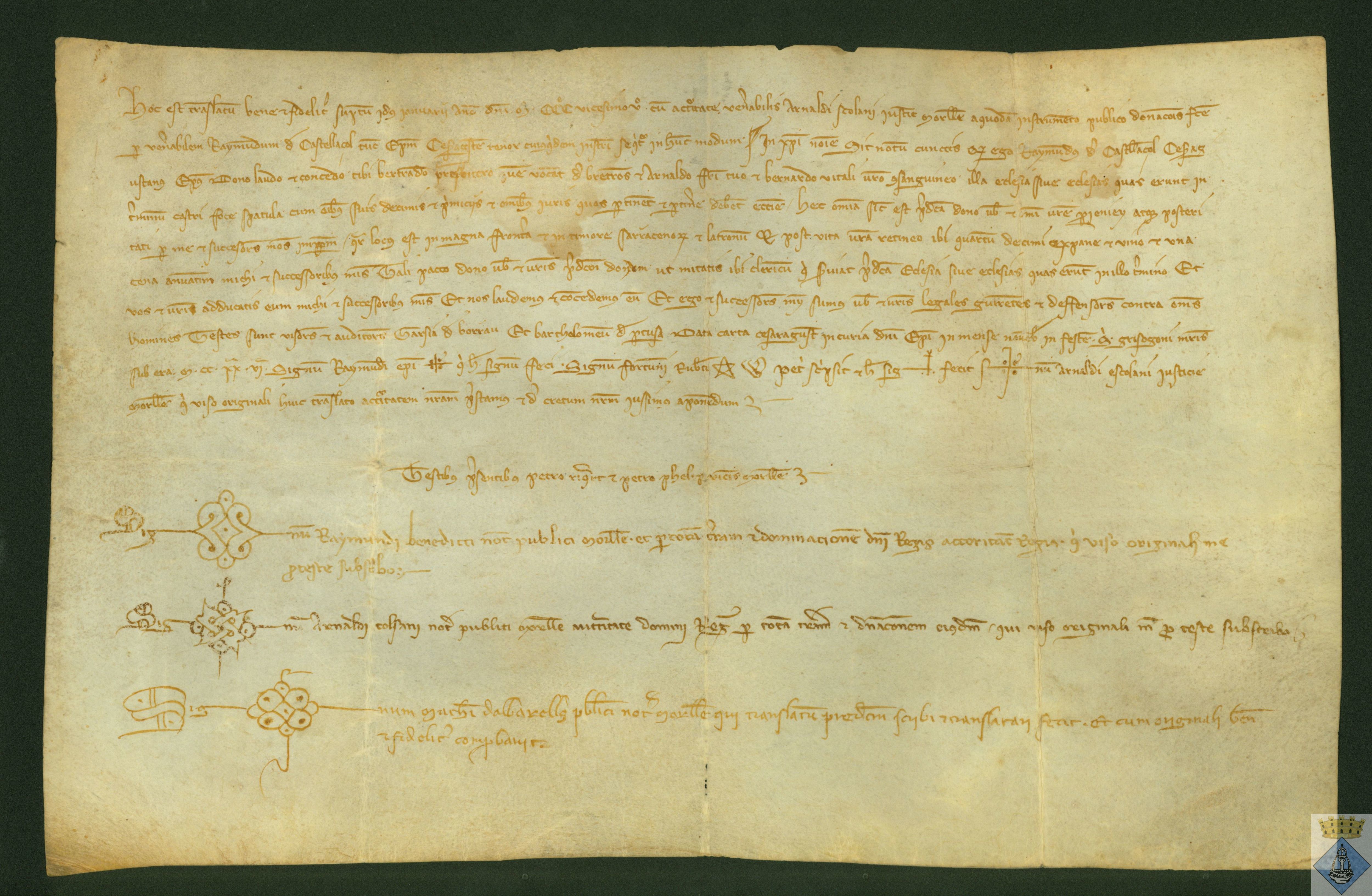 Ramón de Castillazuelo, obispo de Zaragoza, concede a Beltrán de Betrons, presbítero, a su hermano Arnaldo y a su consanguíneo Bernardo Vital, la iglesia de Fuentespalda, situada en la frontera con los musulmanes, con las primicias y la obligación de poner sacerdote