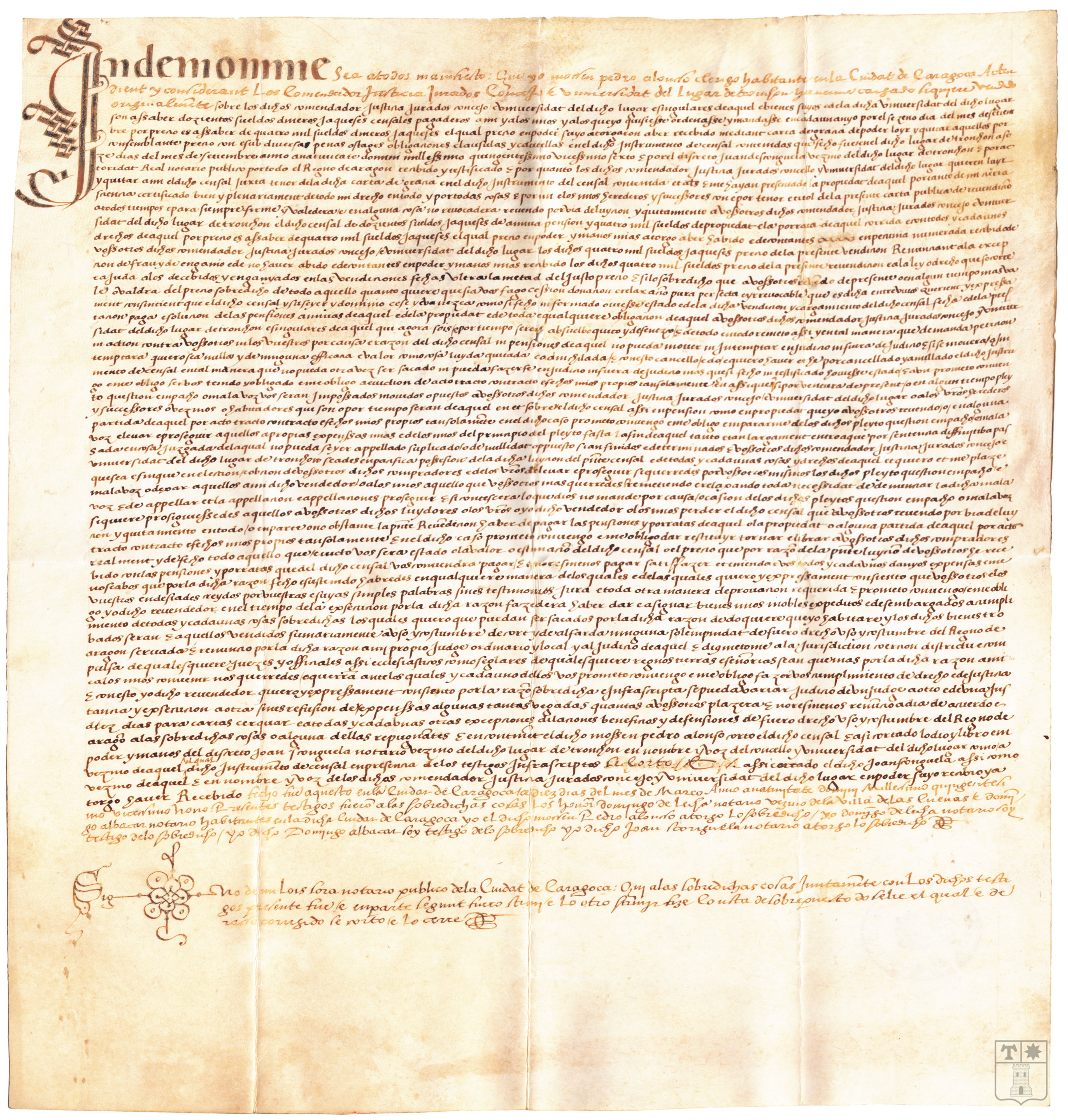 Redención y luición de censal de 250 sueldos jaqueses, otorgada por mosén Pedro Alonso a favor del Concejo de Tronchón