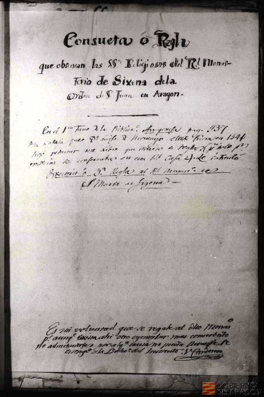 Fotografías de manuscritos e impresos antiguos: Consueta o regla que observan las SSª Religiosas del Monasterio de Xixena de la Orden de San Juan de Aragón