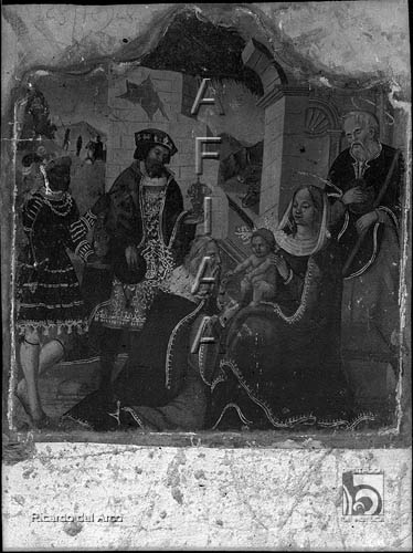 Iglesia parroquial. Pintura sobre tabla con escena de la Adoración de los Reyes. Ricardo del Arco y Garay. Lascasas