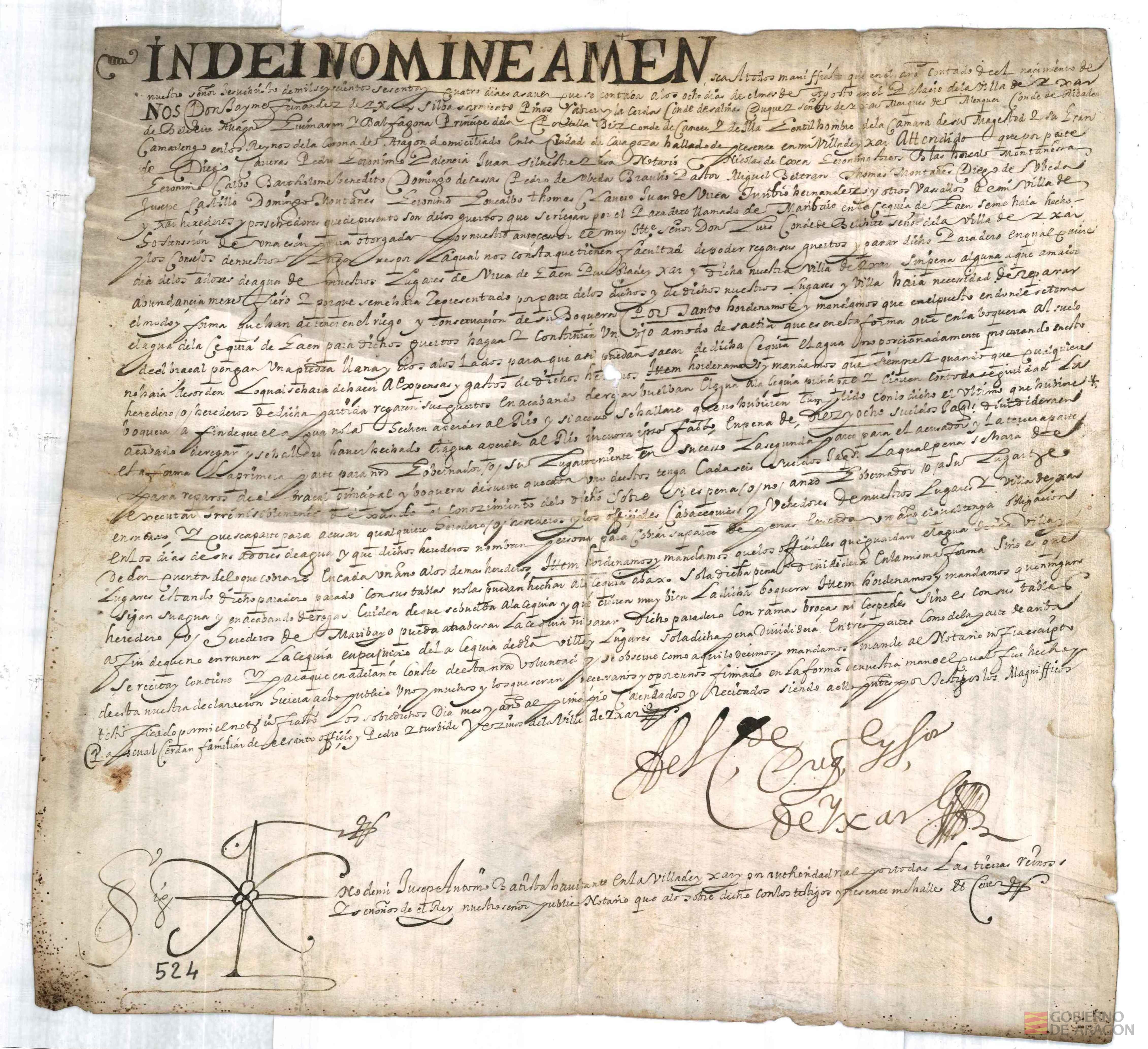 Jaime Fernández de Hijar Silva Sarmiento. duque y señor de Hijar, conde de Belchite, regula el uso del paradero llamado Maribayo, en la acequia de Gaén