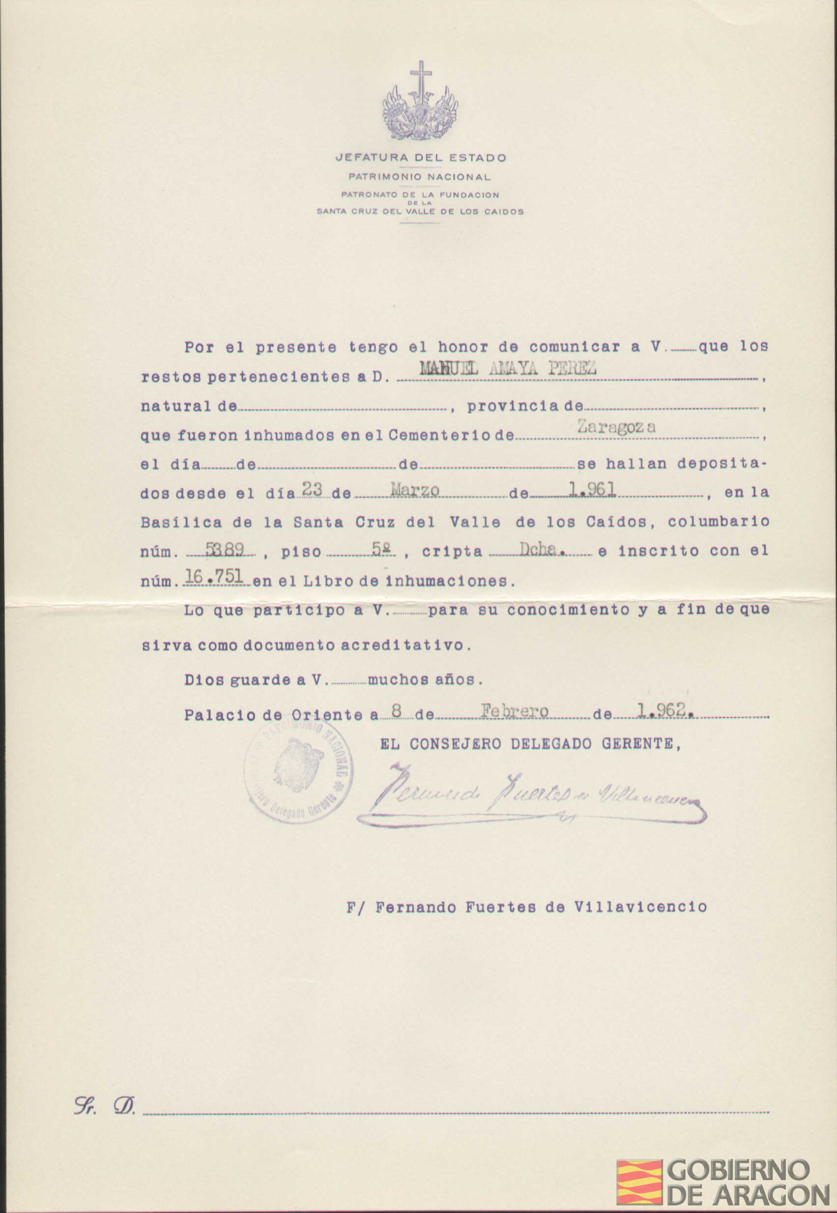 Traslado al Valle de los Caídos de los restos mortales de Manuel Amaya Pérez el día 23 de marzo de 1961