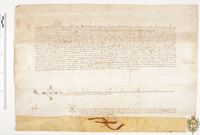 Sentencia de Alfonso V en la apelación del concejo de Almudévar a una sentencia del Justicia de Aragón sobre el conflicto existente entre la villa y sus aldeas y Artal de Alagón, beneficiario de sus caballerías, sobre el importe de las pechas que debía pagar la localidad, que se fija en 3.000 sueldos anuales