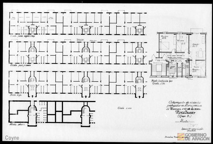Plano para el anteproyecto de viviendas protegidas en Miralbueno firmado por el arquitecto Ignacio M. Adroer