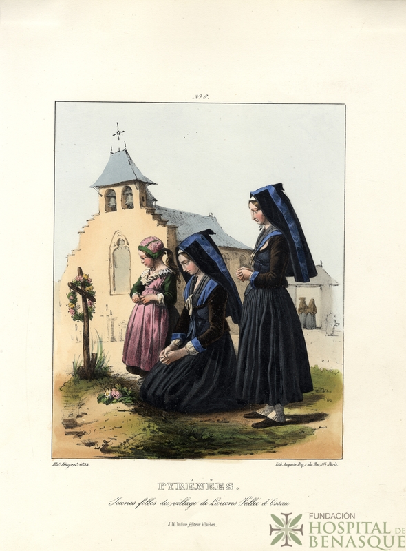 "Nº 8. Pyrénées. Jeunes filles du village de Laruns, Vallée d'Ossau. Ed. Pingret, 1834. J. M. Duford, èditeur à Tarbes. Lith. Auguste Bry, r. du Bac, 114, Paris."