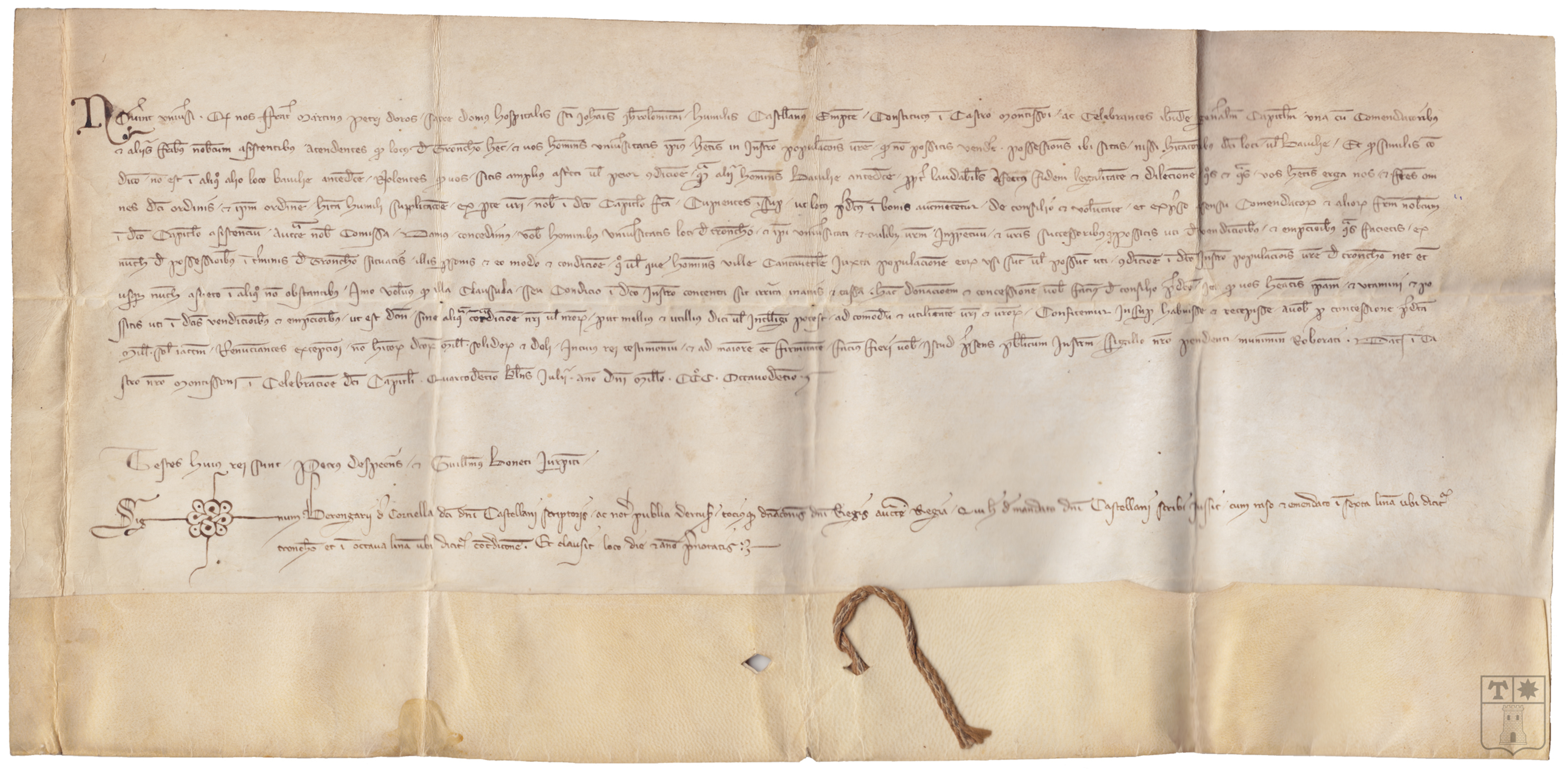 Privilegio de D. Martín Pérez Doros, castellán de Amposta, por el que se concede licencia a los de Tronchón para vender sus posesiones