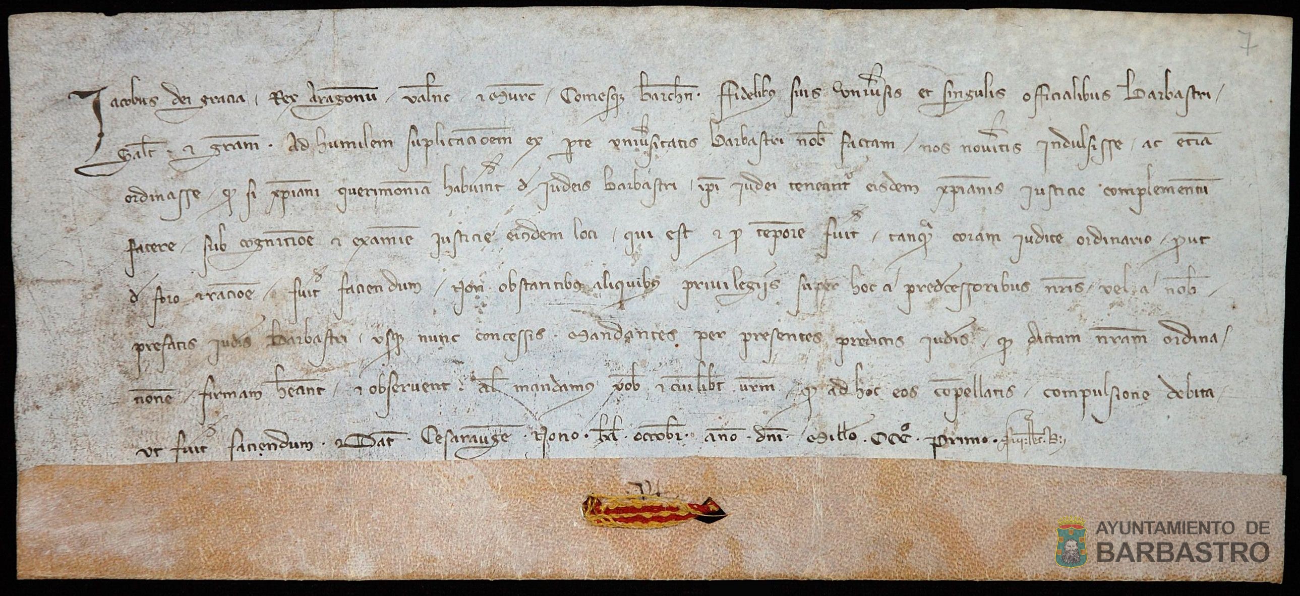 Jaime II de Aragón ordena que los conflictos entre cristianos y judíos sean juzgados por el justicia del lugar, siempre y cuando no contravengan los privilegios concedidos a los judíos por los reyes
