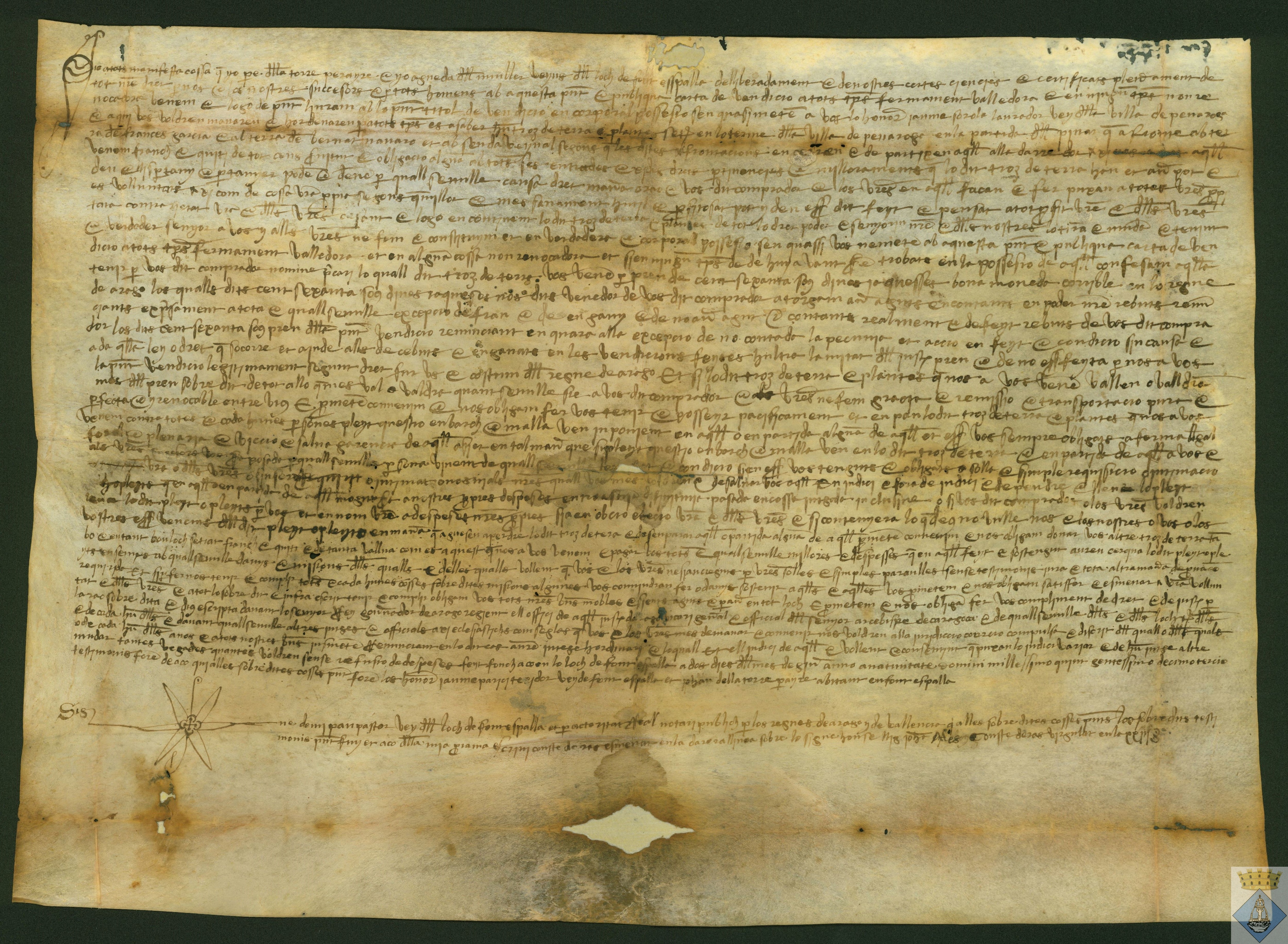 Pere de la Torre, pelaire, y su mujer Águeda, vecinos de Fuentespalda, venden a Jaume Sorola, vecino de Peñarroya de Tastavins, una tierra situada en El Pinar, término de Peñarroya, por 160 sueldos jaqueses.