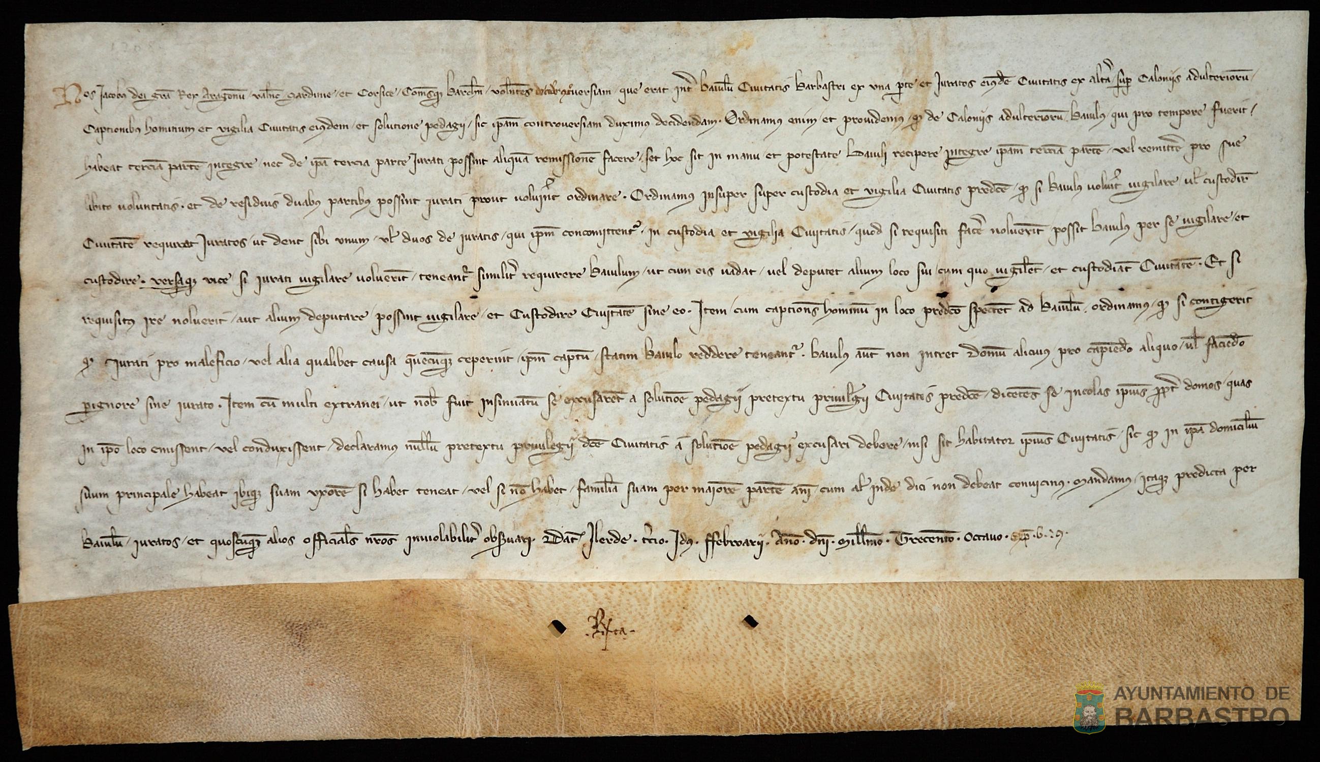 Jaime II de Aragón finaliza la controversia existente entre el Baile y los jurados de Barbastro disponiendo el reparto de las multas por adulterio, detención y vigilia y sobre el cobro del peaje en la ciudad.