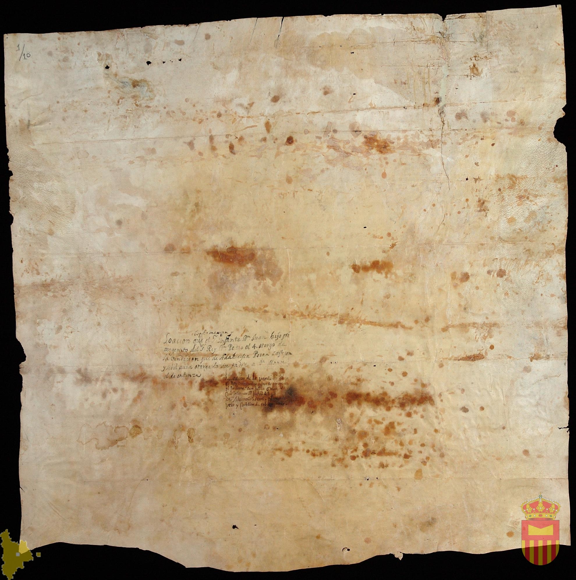 Traslado notarial de Antonio Viladamor del privilegio del infante Juan, Gobernador General de Aragón, por el que confirma el 22 de octubre de 1381, la venta hecha por su padre Pedro IV a D. Manuel de Entença, de las villas de Castejón de Sobrarbe, Pozán de Vero, Adahuesca y Sevil, por 8000 florines de oro.