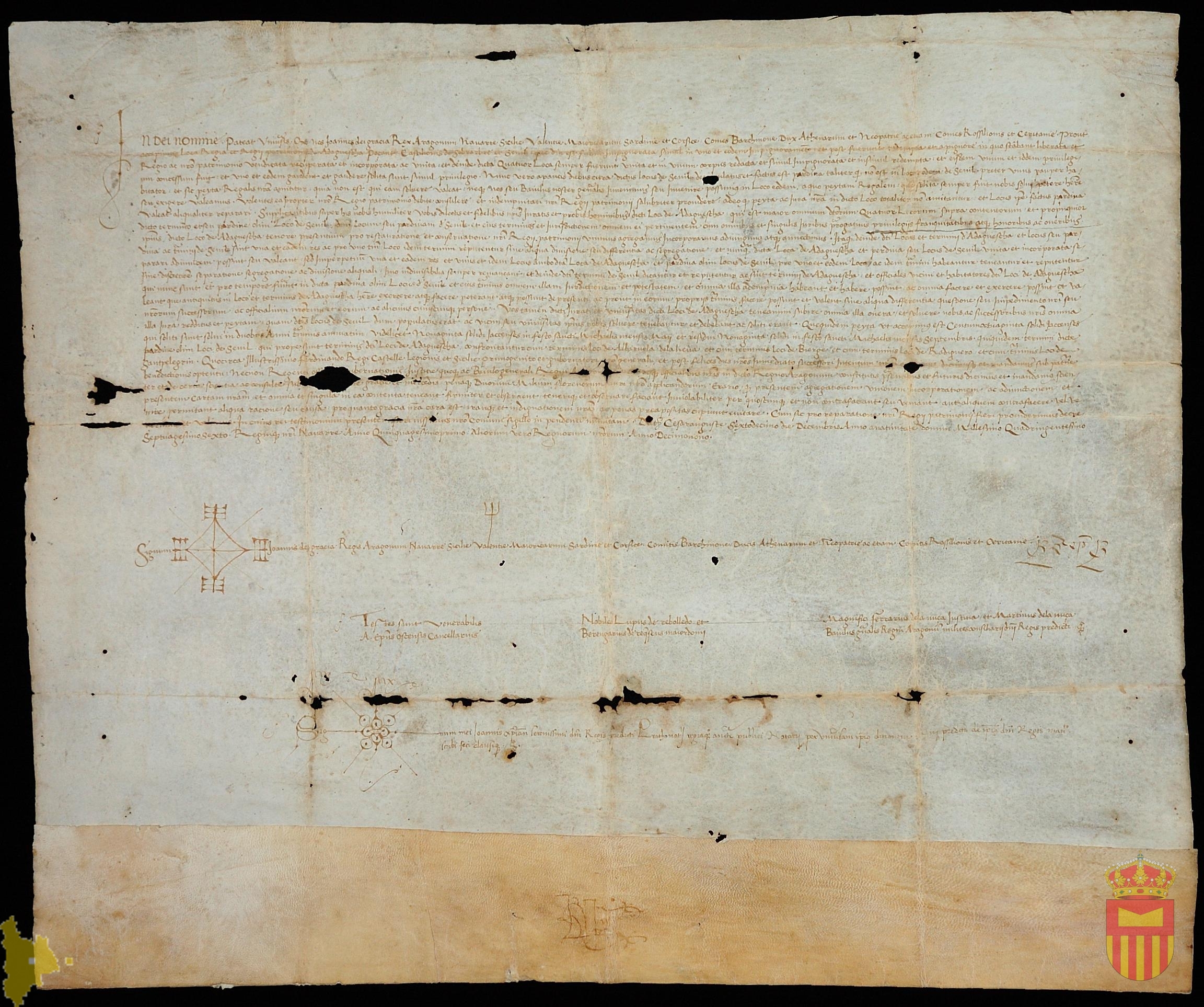 Privilegio real por el que Don Juan II dona a Adahuesca en el lugar de Sevil, despoblado entonces, con la condición de que paguen la peita correspondiente