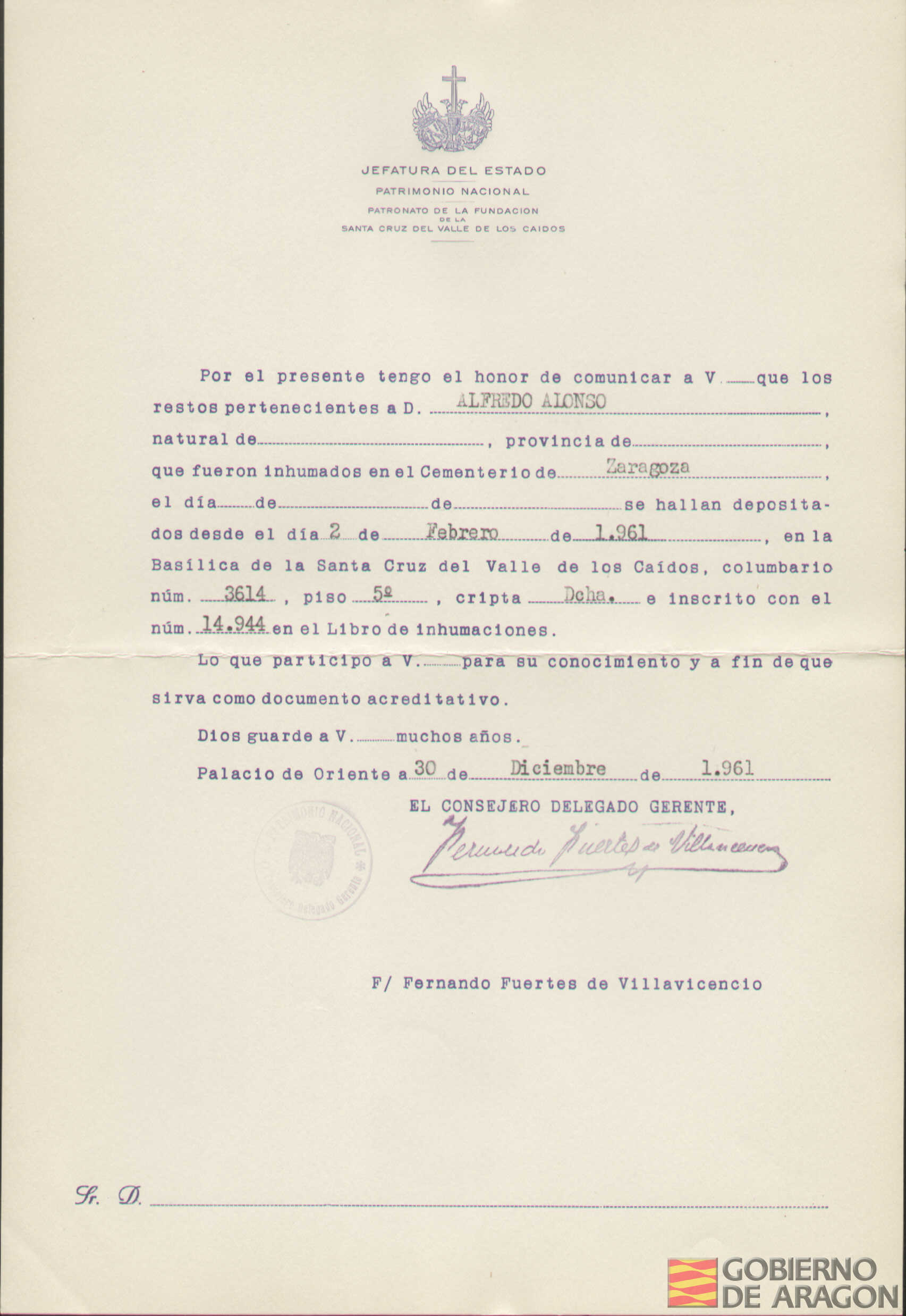 Traslado al Valle de los Caídos de los restos mortales de Alfredo Alonso el día 2 de febrero de 1961