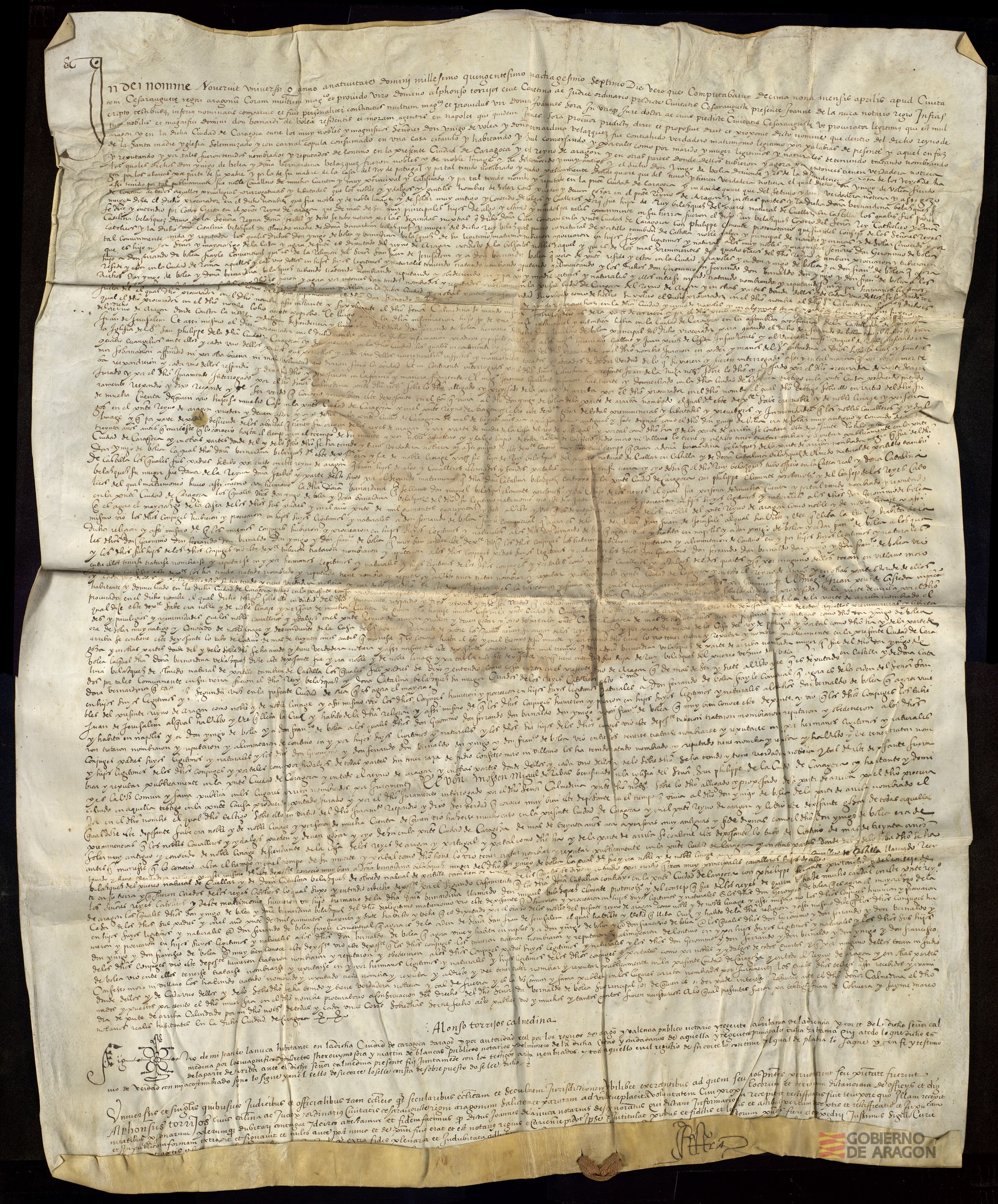 Comparecencia de Juan Sora, procurador de Íñigo de Bolea, residente en Nápoles, comparece ante el zalmedina de Zaragoza y el Justicia de Aragón para demostrar la nobleza de sus padres, Bernardo de Bolea y Bernardina Velazquez.