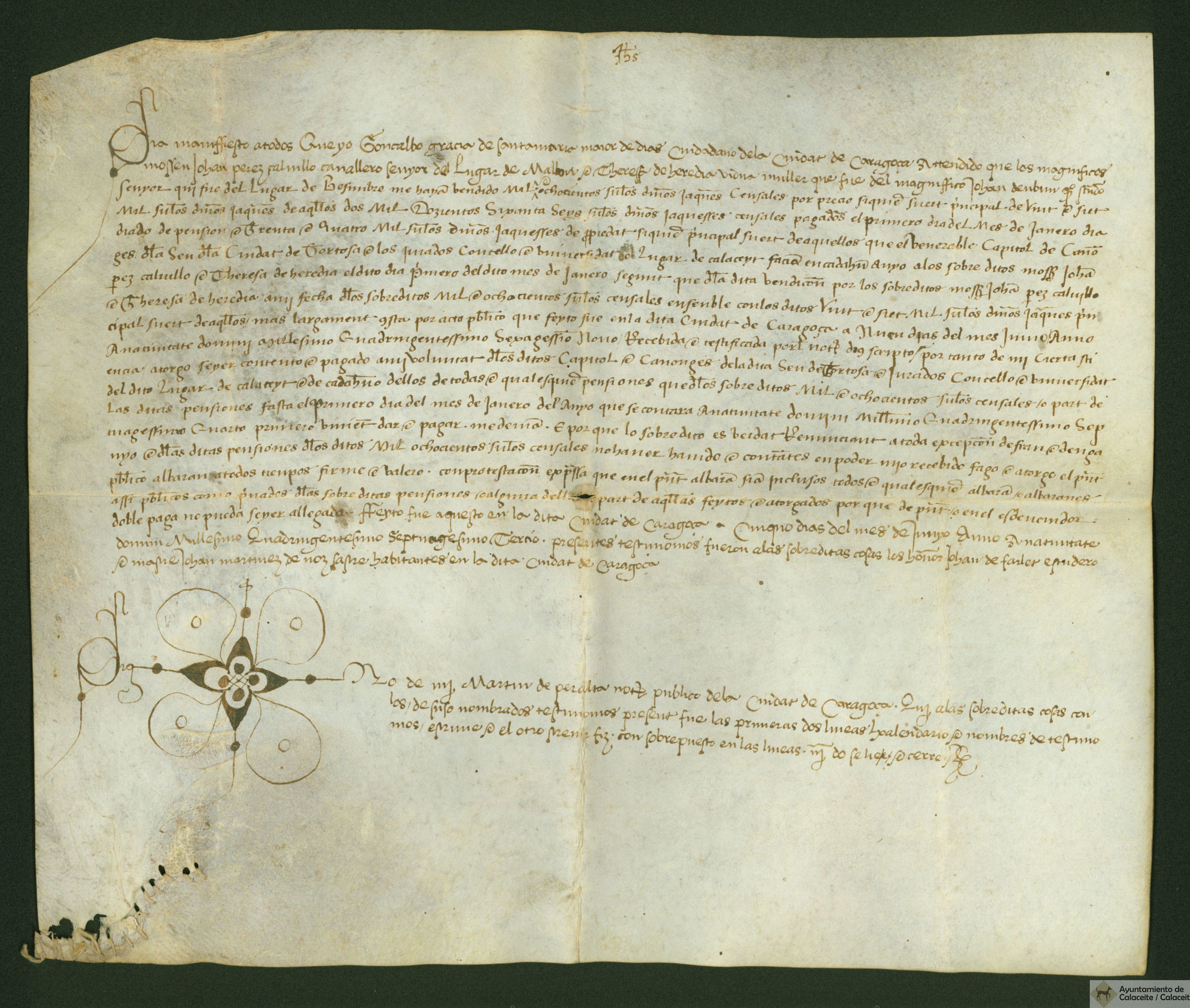 Albarán otorgado por Gonzalo García de Santamaría, vecino de Zaragoza, al Capítulo de canónigos de la Seo de Tortosa y al Concejo de Calaceite por el pago de un censal