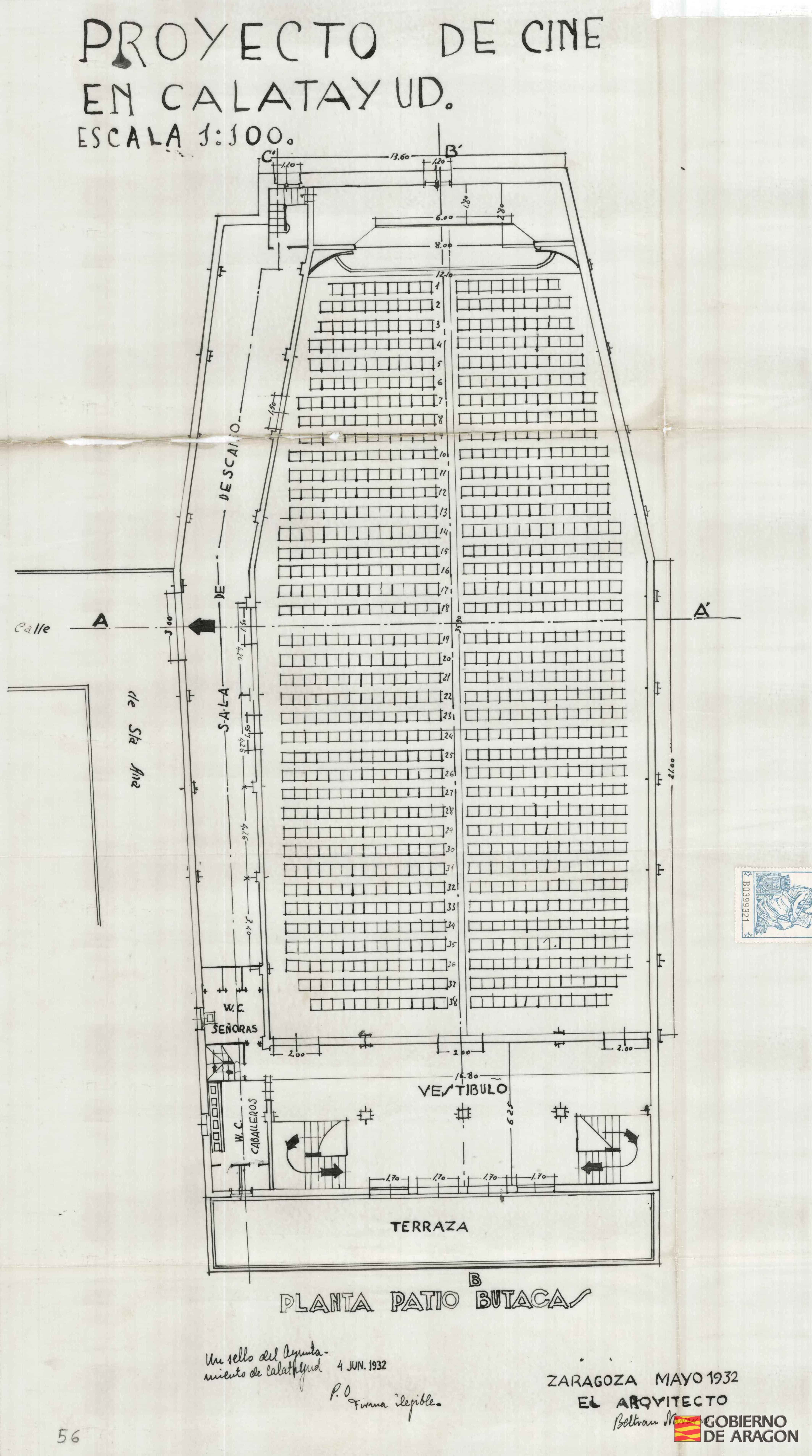 Proyecto de cine en Calatayud. Firmado por el Arquitecto Beltrán Navarro. Calatayud (Zaragoza)