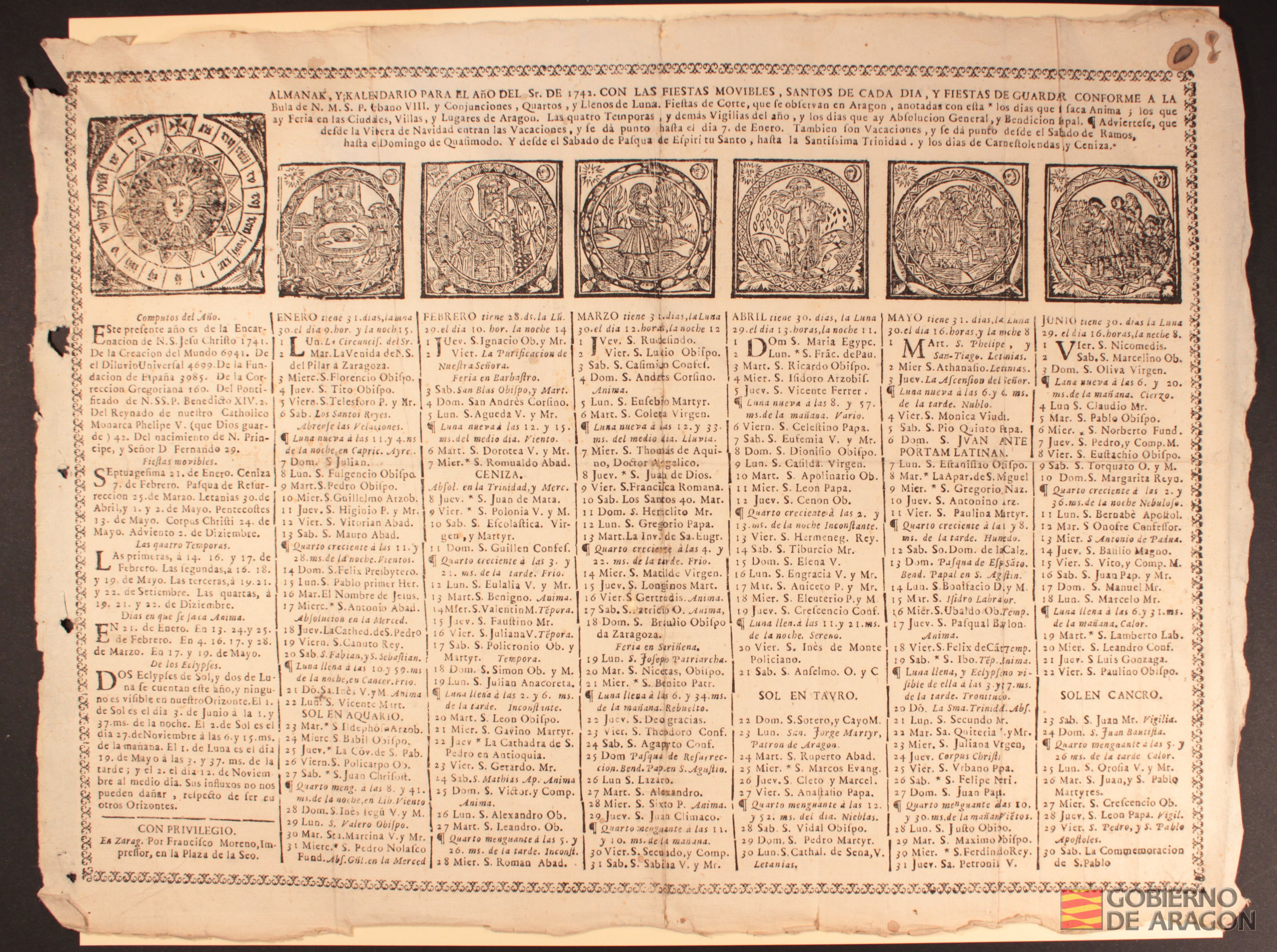 Anverso del Almanake y kalendario para el año del Señor de 1742. Con las fiestas movibles, Santos de cada dia, y fiestas de guardar, conforme la bula de ... Urbano VIII