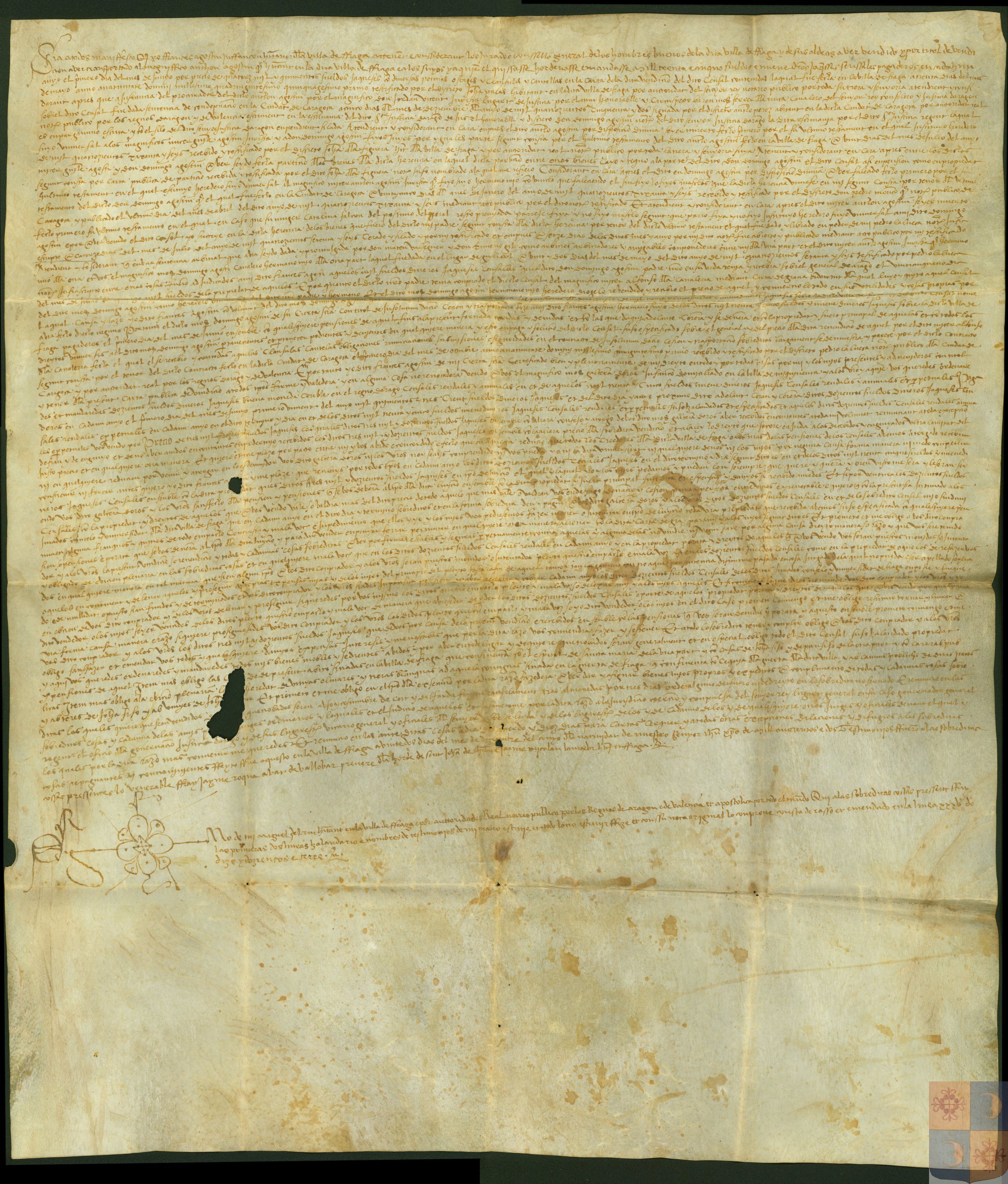 Vendición de un censal de 3.200 sueldos de propiedad y 200 sueldos de pensión anual, otorgada por Francisco Agustín, infanzón de la villa de Fraga, a favor de Galcerán de Orós, infanzón de Mequinenza