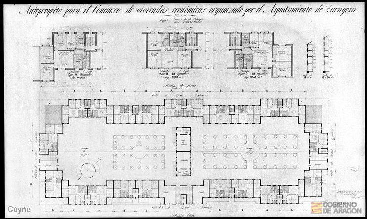 Planos para el anteproyecto para el concurso de viviendas económicas firmado por Lorenzo Blanc y Arrate.
