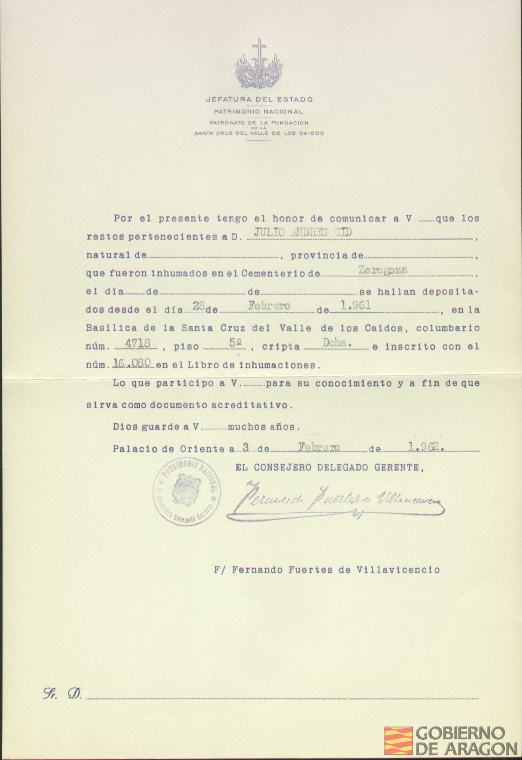 Traslado al Valle de los Caídos de los restos mortales de Julio Andrés Cid el día 28 de febrero de 1961
