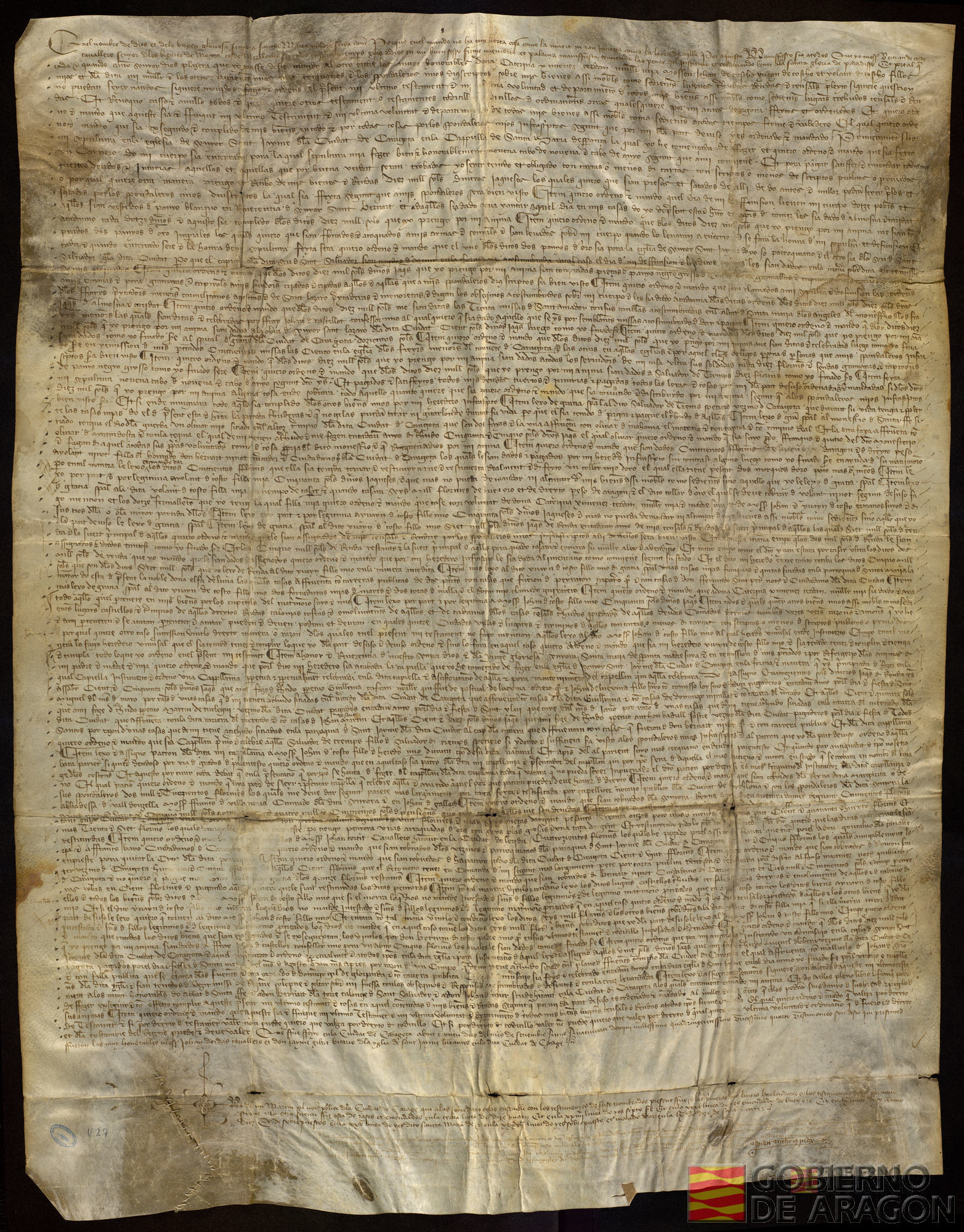 Testamento de Beltrán de Coscón, caballero y señor de Mozota y Mezalocha, marido de Catalina Jiménez Cerdán
