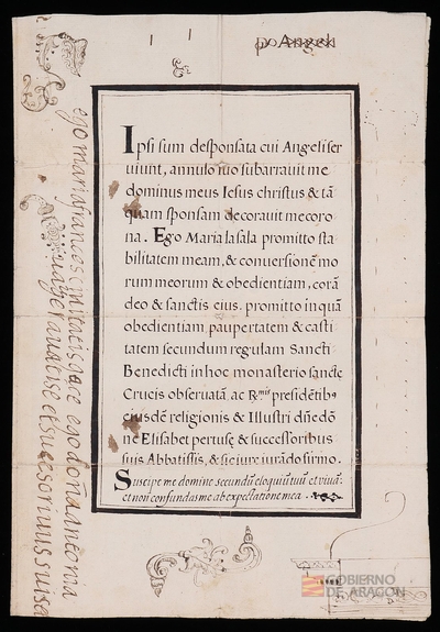 Carta de profesión de María Lasala, en el monasterio de Santa Cruz de Jaca