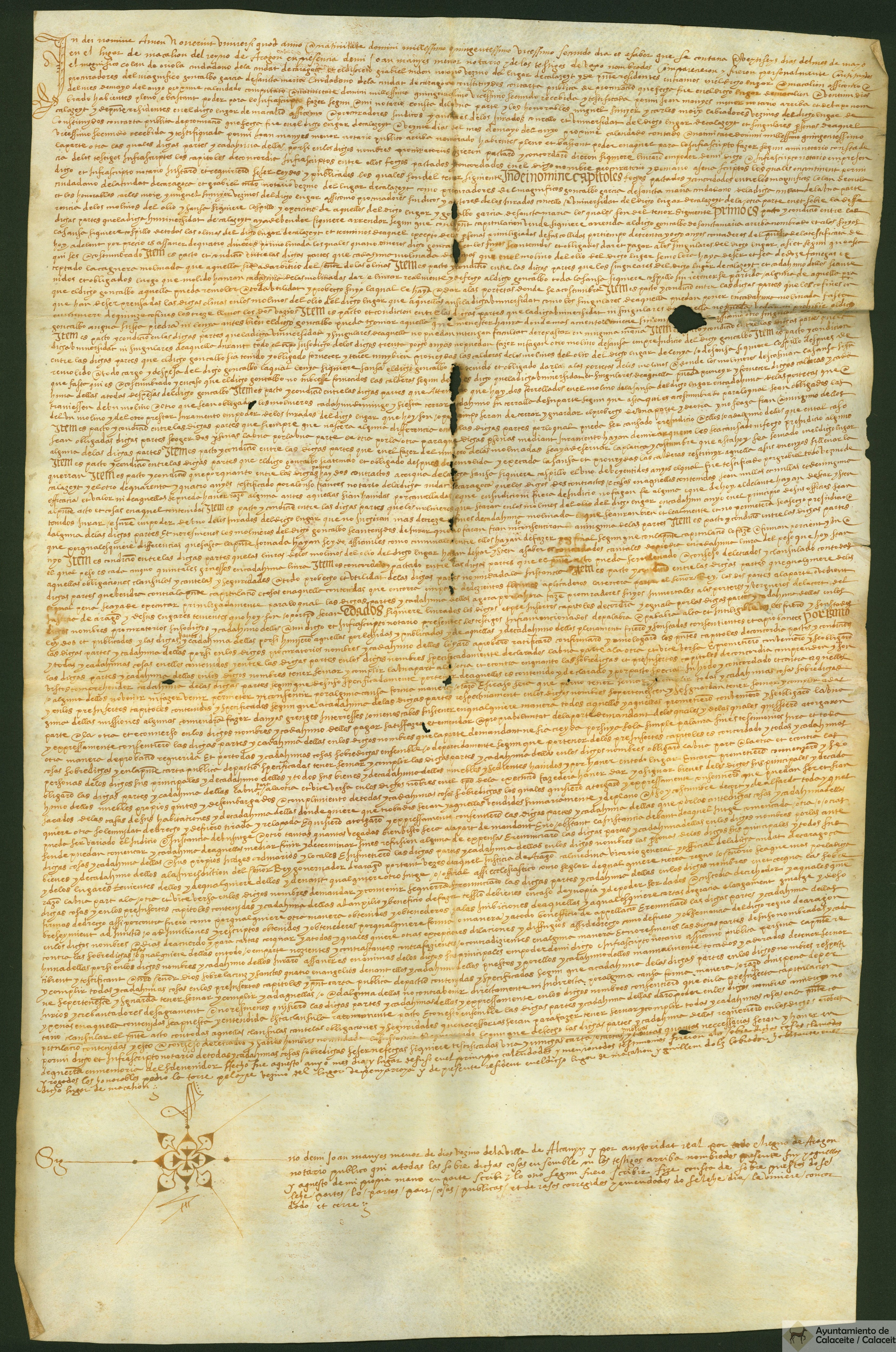 Concordia hecha entre Colás de Oriola, ciudadano de Zaragoza, y Gabriel Ridón, notario, vecino de Calaceite, como procuradores de Gonzalo García de Santamaría y los honorables Carlos Roix y Miguel Sunier, vecinos de dicho lugar como procuradores del Concejo y universidad de dicho lugar de Calaceite sobre los molinos de olio y sansa
