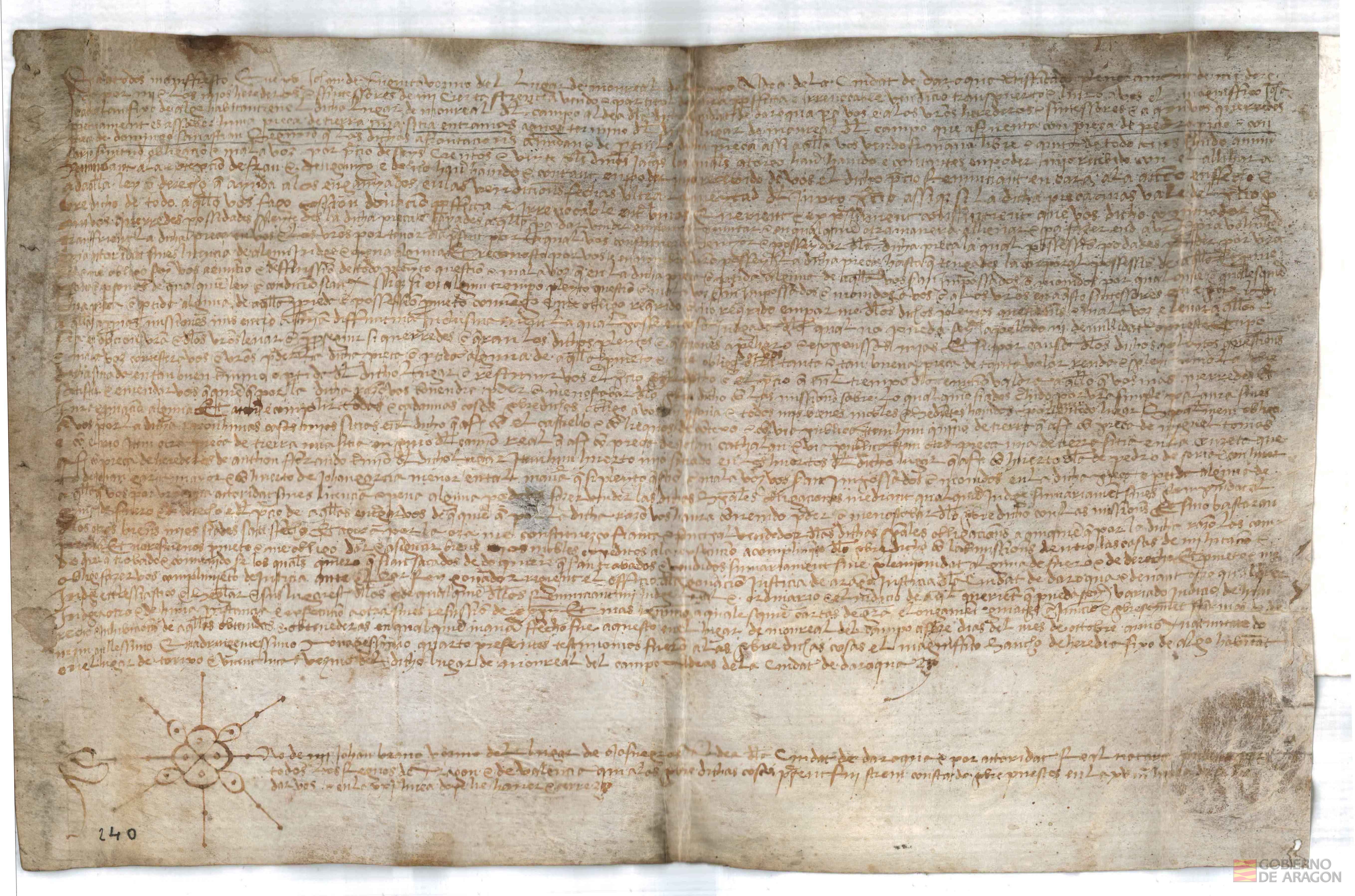 Juan de Enguita, vecino el lugar de Monreal del Campo, aldea de la ciudad de Daroca, vende a Juan Catalán una pieza de tierra sita en el término de dicho lugar, por 620 sueldos jaqueses