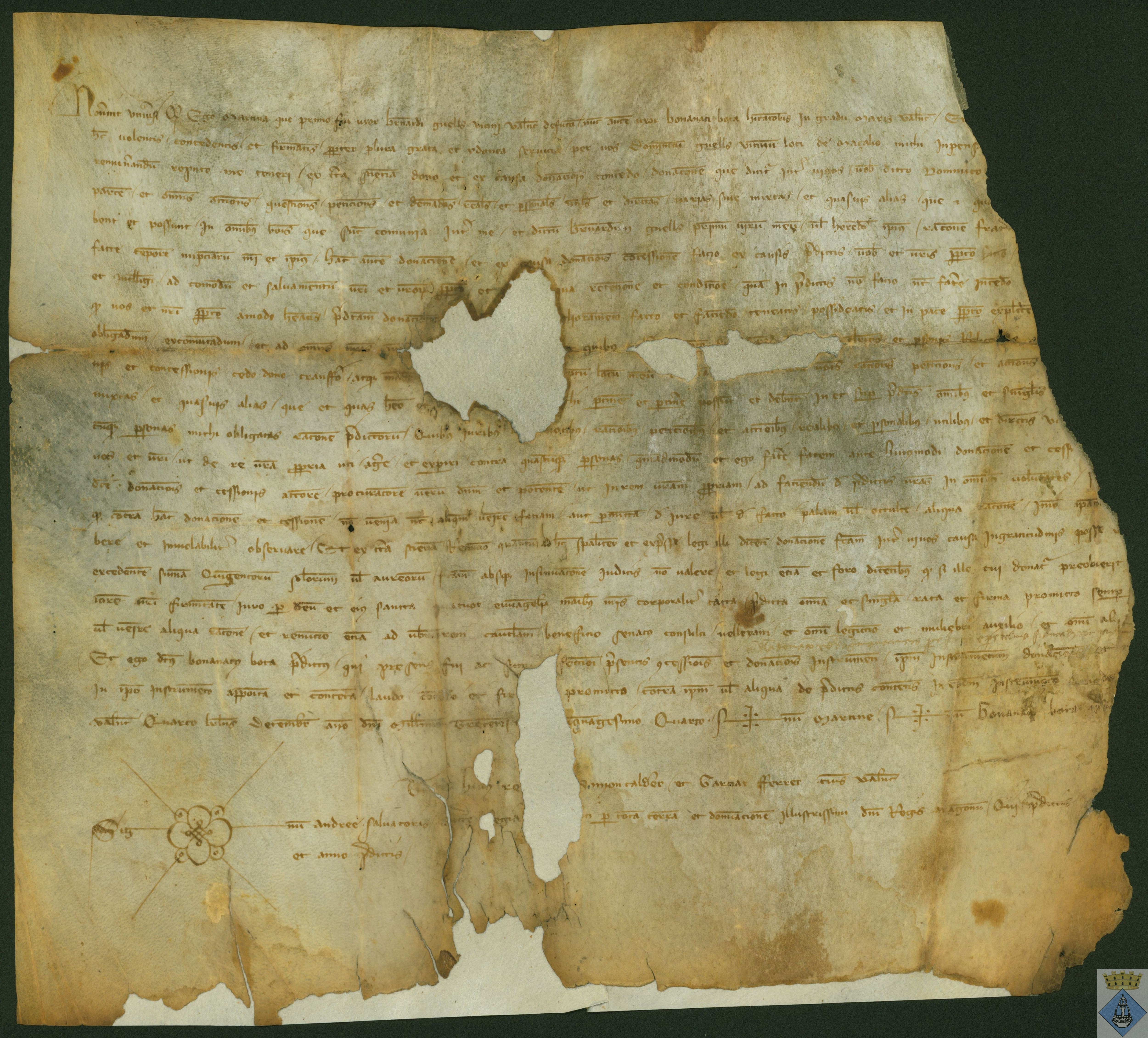 Martina, viuda de Bernardo Güells, hace la donación de ciertos bienes a Domingo Güells, vecino de Mazaleón, por los servicios que le había prestado