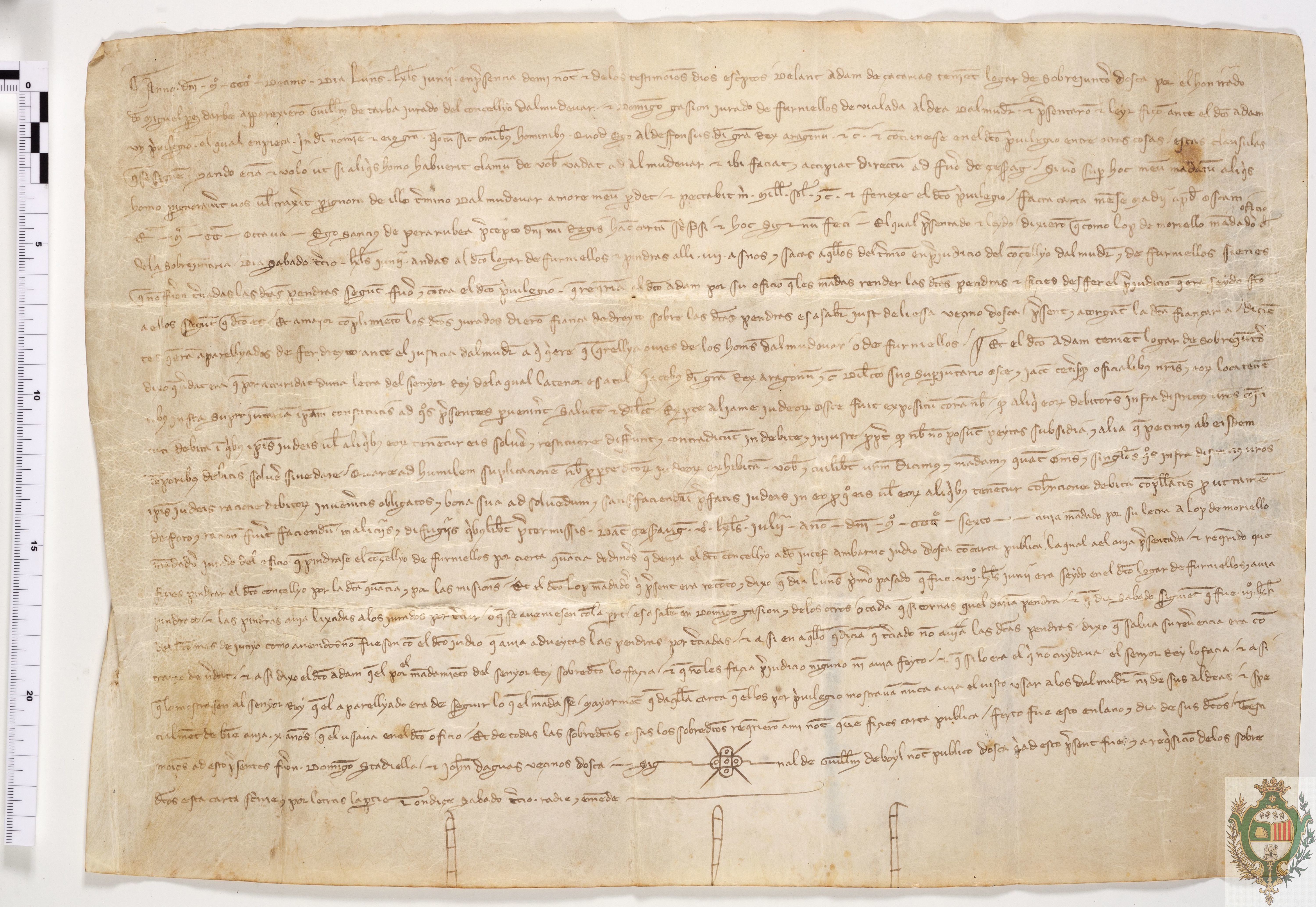 Los representantes del concejo de Almudévar presentan a Adam de Zacarías, lugarteniente del sobrejuntero de Huesca, un artículo de la carta de población de la villa en 1170 por el que se impide extraer los embargos del término de la villa, y denuncian que, pese a ello, se habían embargado y conducido a Huesca cuatro asnos de su aldea de Fornillos de Violada, en virtud a un mandato de Jaime II de 1306 a súplicas de la aljama de la ciudad para satisfacer una deuda contraída con Jucef Ambraut, judío de Huesca