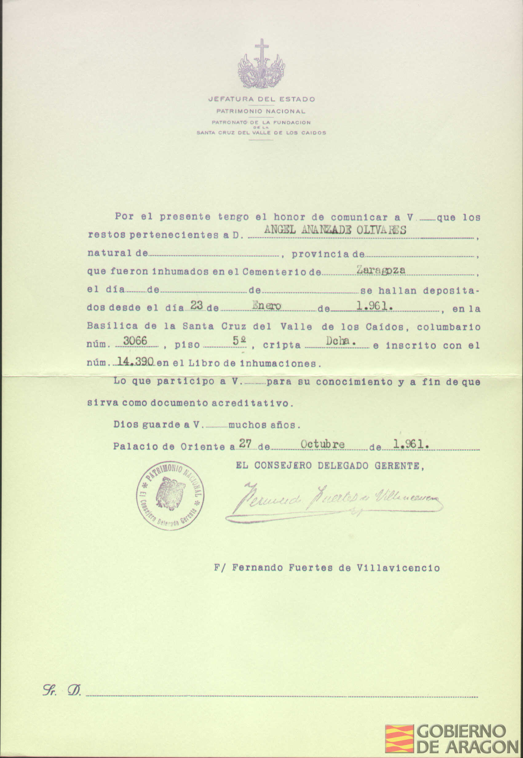 Traslado al Valle de los Caídos de los restos mortales de Ángel Ananzade Olivares el día 23 de enero de 1961