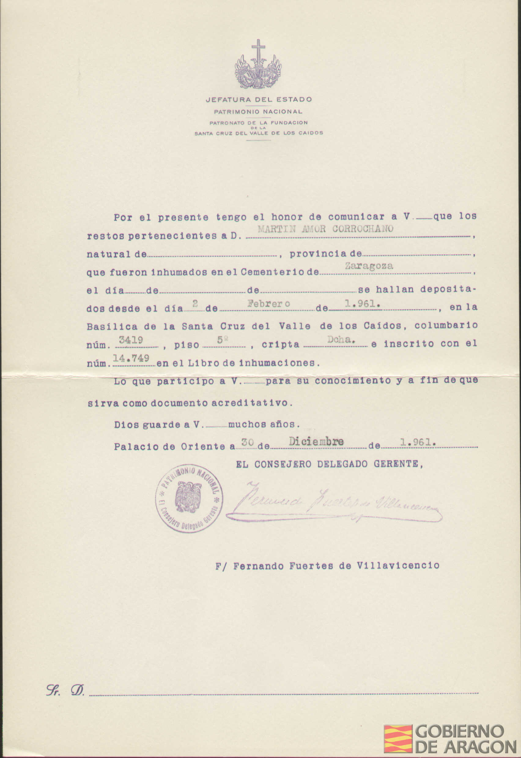 Traslado al Valle de los Caídos de los restos mortales de Martín Amor Corrochano el día 2 de febrero de 1961