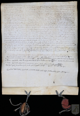 El abad Simón y todo el convento de San Victorián de Asán, atendiendo que el concejo de Graus había concedido un subsidio voluntario de 1.500 sueldos jaqueses al monasterio para subvenir los gastos en la Santa Sede derivados de la elección de Simón como abad, concede que por esta concesión graciosa no se engendre ningún perjuicio a los privilegios, franquezas y libertades de la villa de Graus, ni se siente un precedente que pueda ser alegado en el futuro