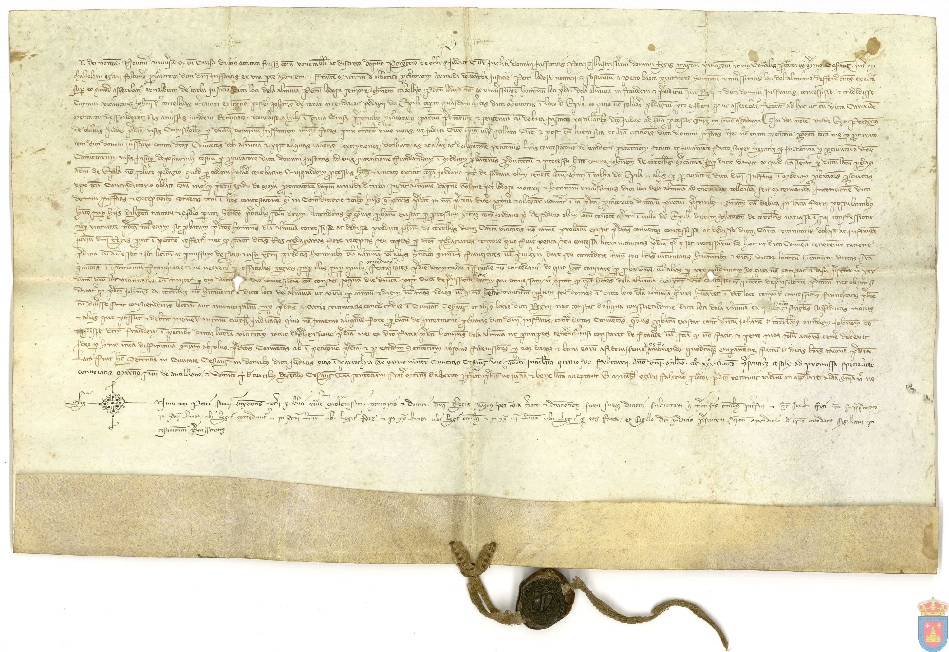 Peregrino de Oblitas, merino de Zaragoza, sentencia la causa entre los procuradores del Infante Pedro y del Concejo de La Almunia, absolviendole de la reclamación contra la vecindad del mercader Pedro Torrellas, que pasaba ganado sin pagar peaje en Epila