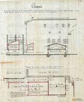 Croquis de la vista o elevación de la casa de Oña y de las contiguas haciendo una sección vertical sobre el callejón de las del Sr. Chavarría, señaladas con los números 29 y 30 en la calle de la Frenería de Zaragoza. Croquis de la planta al piso del callejón del Sr. Chavarría en sus casas números 29 y 30 de la calle de la Frenería. Zaragoza (Zaragoza)