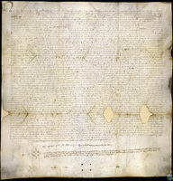 Proceso ante Pere Berenguer Astruç, veguer de Tortosa y la ribera del Ebro, entre Francisca, viuda de Guillem Armengou y señora de Marça, por una parte, y los representantes del concejo y aljama de Mequinenza, por la otra, para confirmar un censal de 500 sueldos barceloneses anuales y 7.000 de propiedad que los segundos habían vendido a favor de la primera