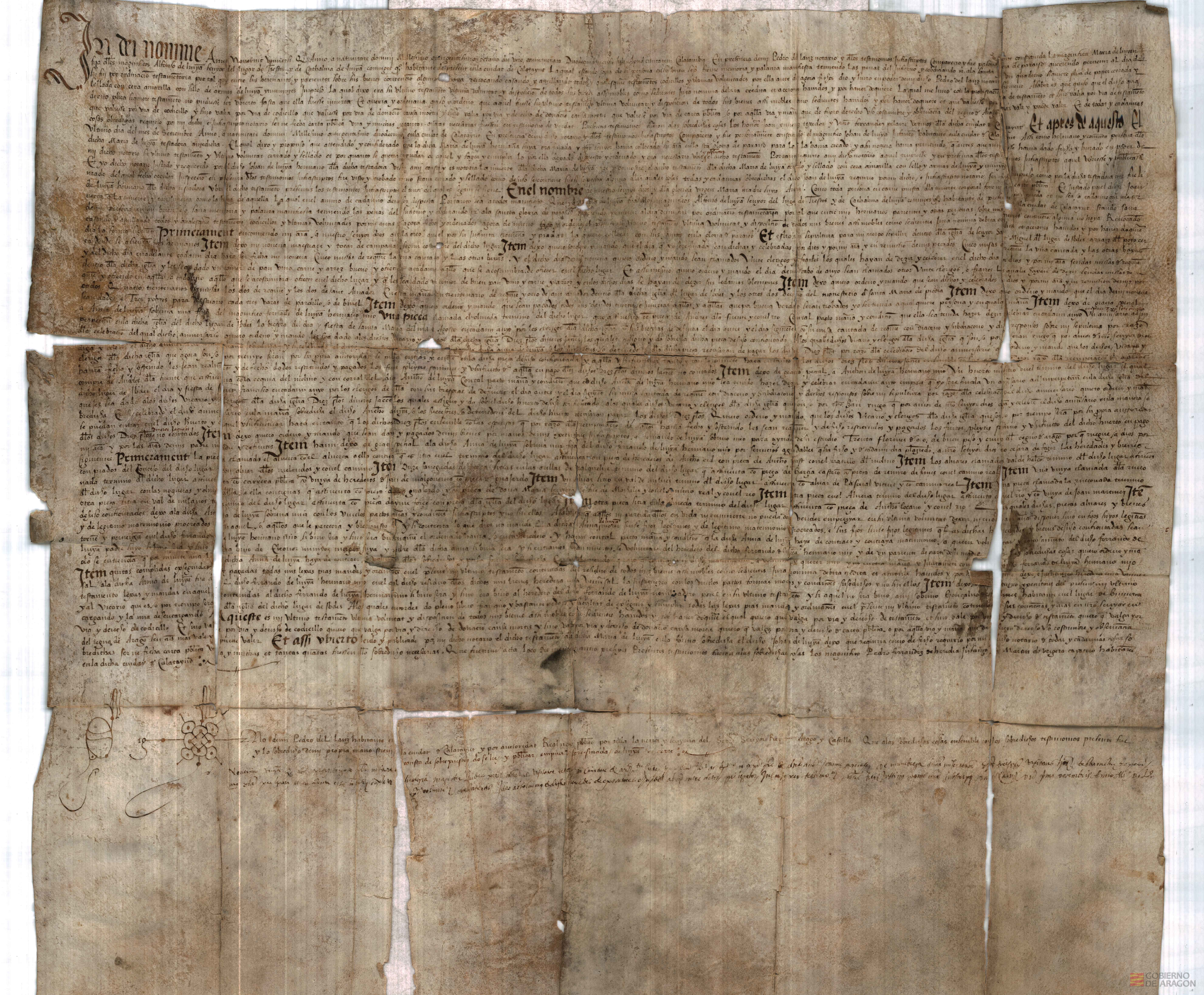 Testamento de María de Liñán, hija de Alfonso de Liñán,señor del lugar de Tiestos,y de Catalina de Liñán,vecina de Calatayud, otorgado ante el notario Pedro del Lanz (12 de julio de 1508) y apertura del mismo.